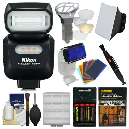 Nikon SB-500 AF Speedlight Flash & LED Video Light with Soft Box + Diffuser Bouncer + Color Gels + Batteries & Charger + Lighting DVD +