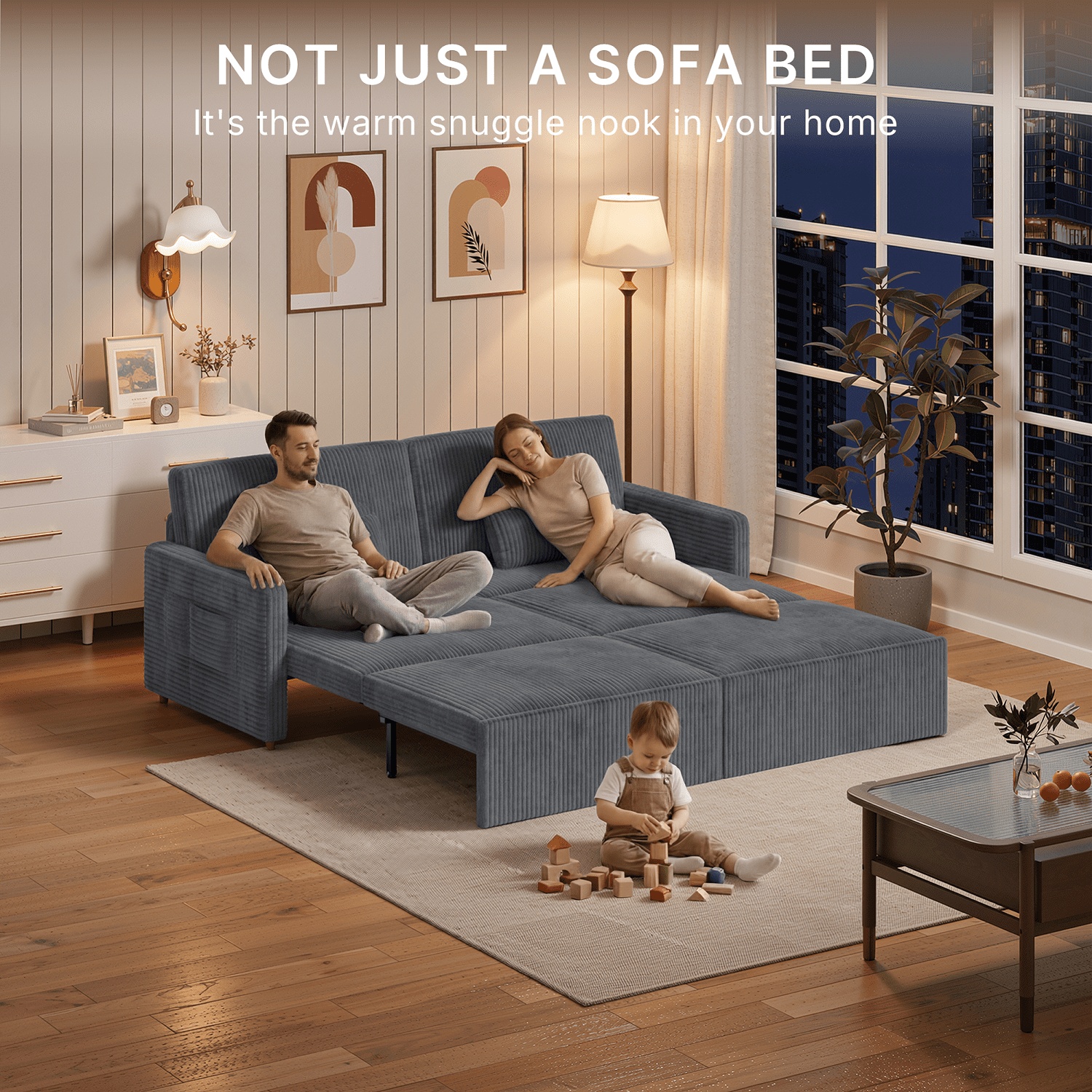 78"W 6 in 1 Convertible  Sofa Bed, Lofka Big Corduroy Sleeper Pull Out Couch with 23.6" Extra Deep Seat, 600 lbs Heavy Duty Metal Frame, Dark Gray
