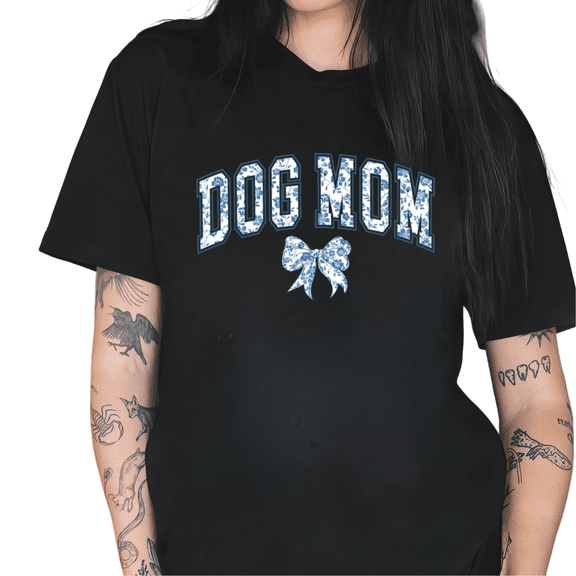 Black Dog Mom Blue Floral Chinoiserie Bow Coquette Varsity Letter Dog Lover Pet Owner Gift Tshirt Graphic Tees Shirts Tops S-5XL