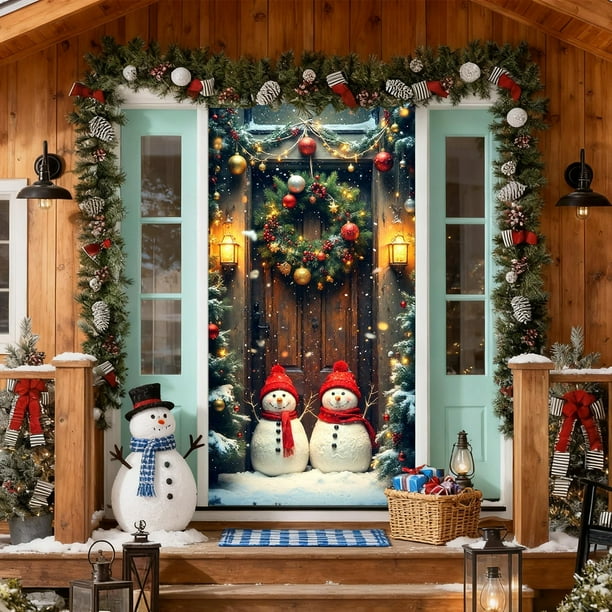 Herunwer Elastic Christmas Front Door Cover, Holiday Door Banner for Photography Background, Xmas Party Photo Booth and Home Decor