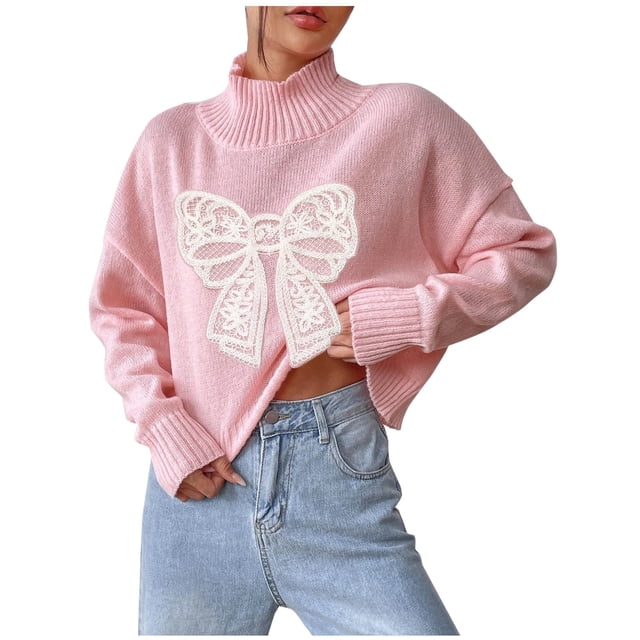 Pisexur Chandails pour Femmes Mode d'Automne Nœud Broderie Col Roulé Chandail Décontracté Ample Manches Longues Chandail à Enfiler Hauts Tunique Tendance