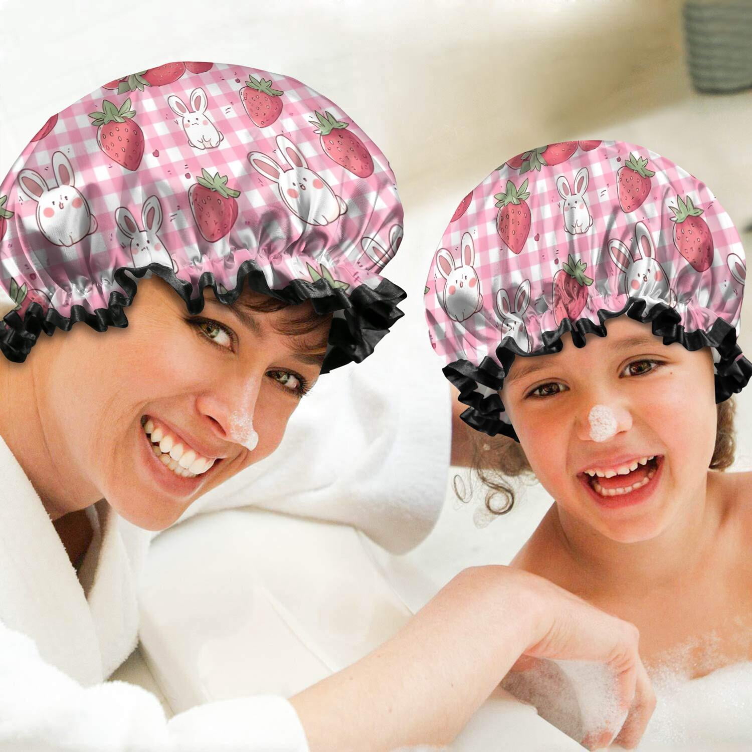 Shower Caps,Strawberry Plants Fruit Rabbit Checkered Waterproof Shower Cap for Women 4 Pieces,Double Reusable Hair Cover for Shower PEVA Elastic Stretch Hem