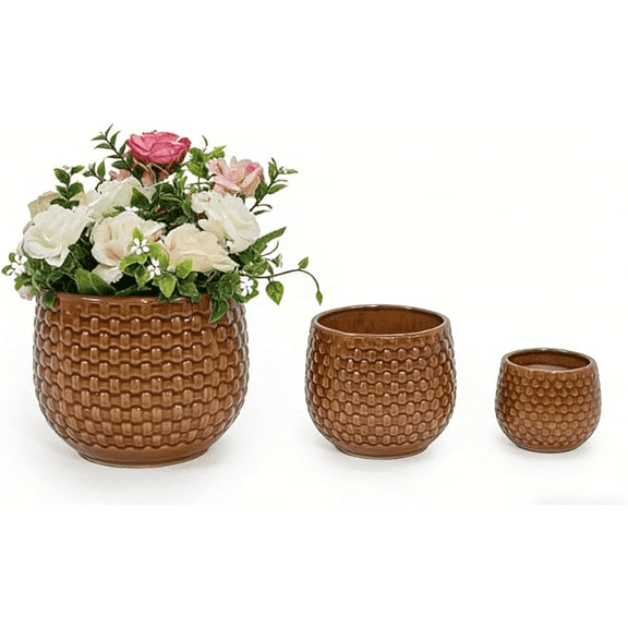 mdj pottery Ceramic Plant Pots, 5 7 9 Inches, Set of 3, Flower Pots with Drainage Hole, Planters for Indoor Plants, Modern Decorative Pot for Garden, Windowsill - Terracotta Brown