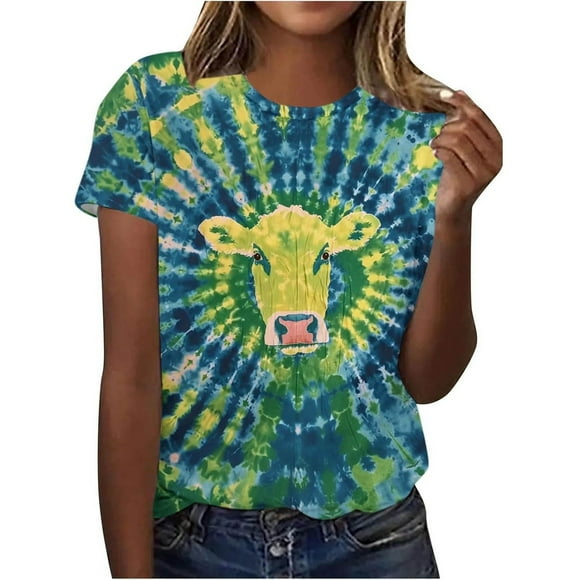 LUOGENLI T-shirts Women's Short Sleeve Tie Dye T Shirt Animal Motif Top with Cat Cow and Giraffe Pattern Casual Loose Fit Tunic Blouse for Teen Girls XL