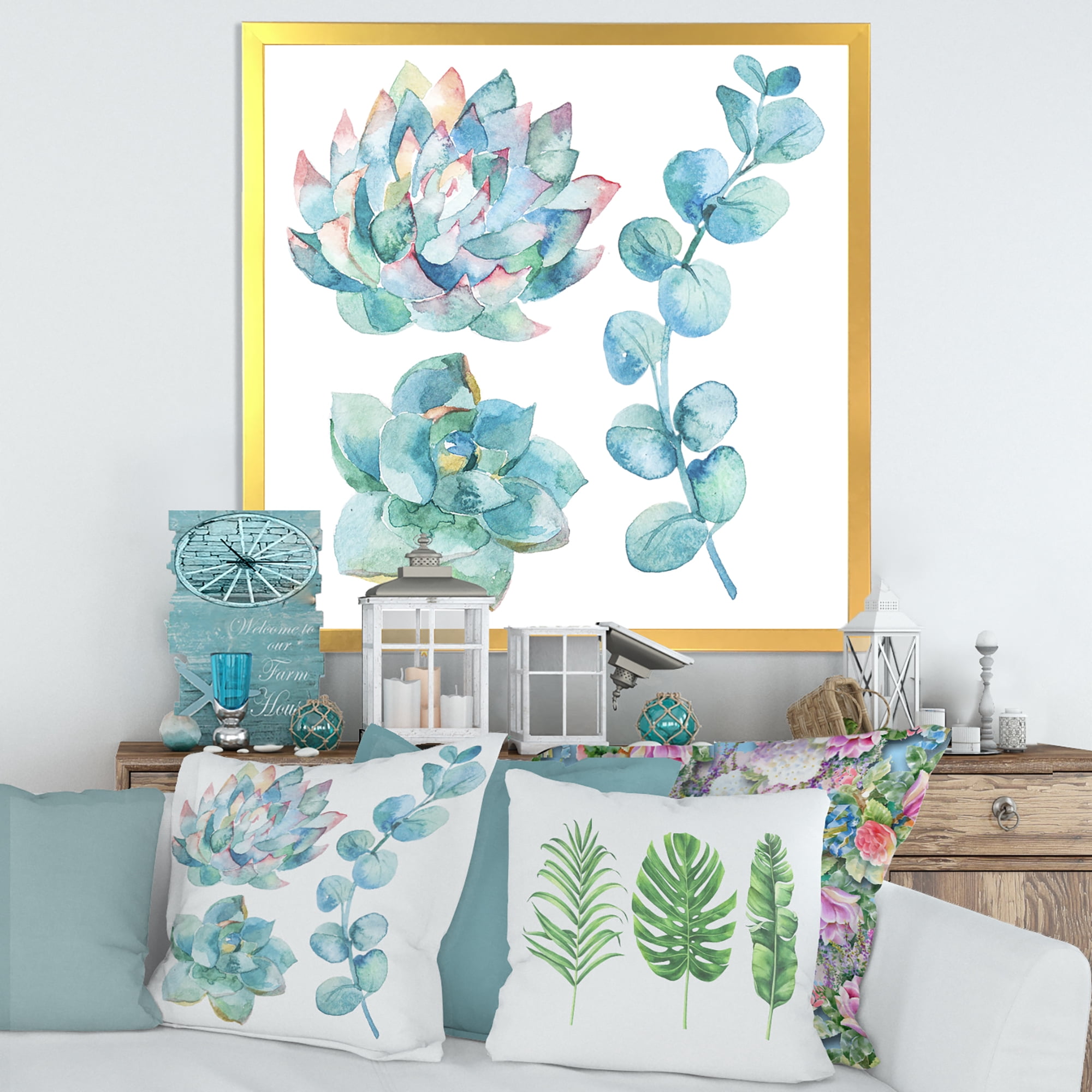 Designart 'Succulents and Eucalyptus Leaves' Traditional Framed Art Print