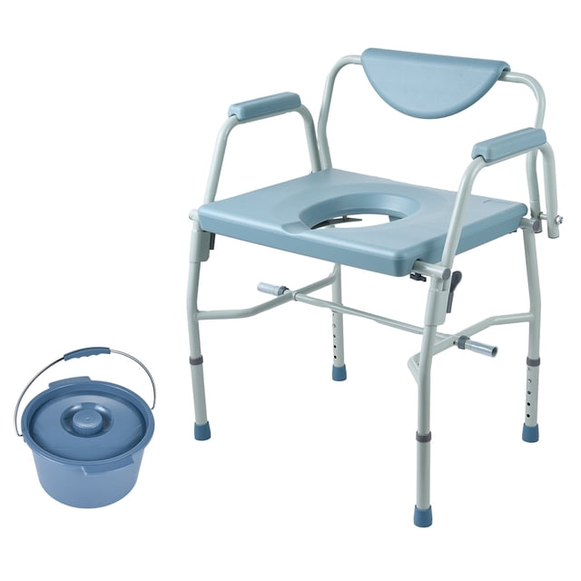 KFFKFF Portable Toilet Chair with foldable arms and detachable backrest, featuring a 5-stage height adjustment system and a 7L detachable pail. Made of heavy-duty steel with a 1000 lbs load capacity, it includes non-slip foot pads and padded armrests for safety. The ergonomic seat and backrest are crafted from PE material, ensuring comfort and durability. The chair is shown in a light blue and white finish, with a removable pail placed beside it.