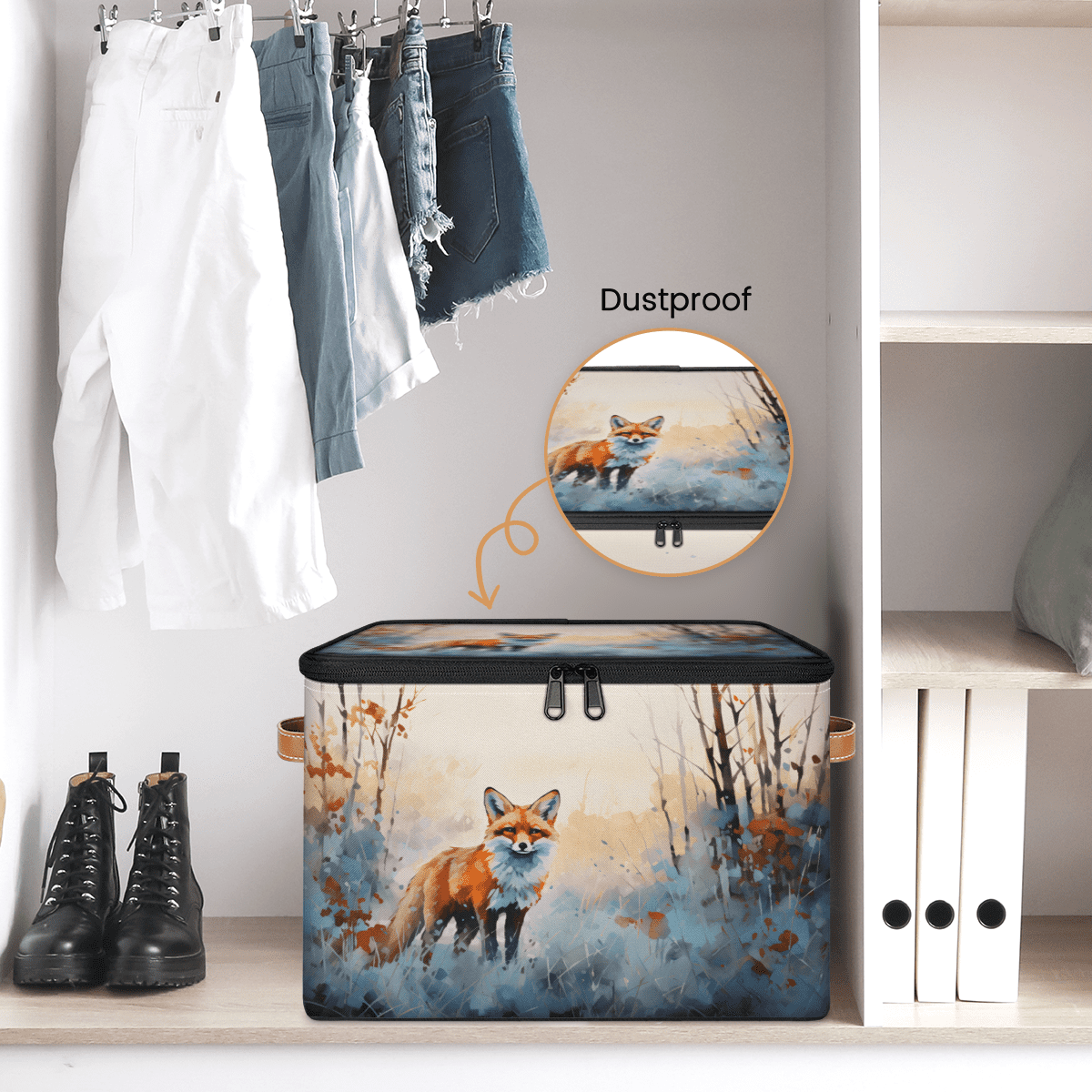 CURLYOOT Watercolor Fox Storage Bin with Zipper Lid, Fabric Decorative Lidded Storage Baskets Boxes, Foldable Organizer Container Basket for Bedroom Closet Shelf