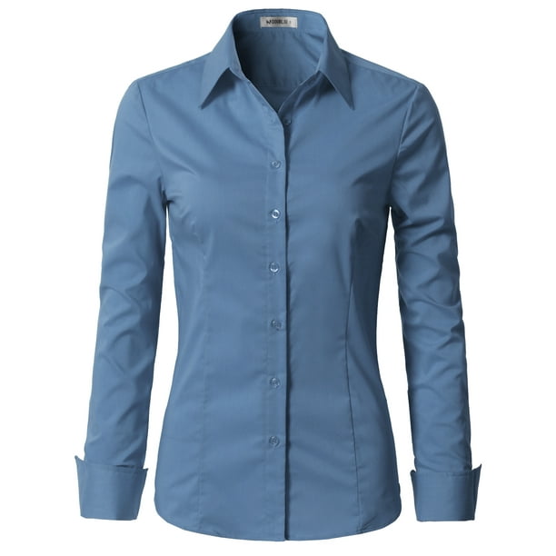 Doublju Women's Long Sleeve Slim Fit Button Down Dress Shirt (Plus Size