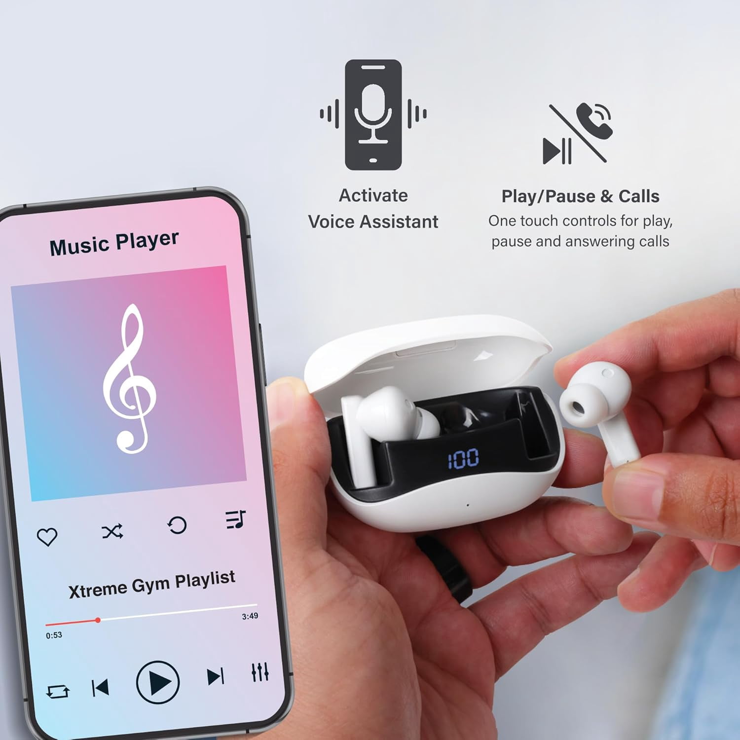 Xtreme Bluetooth Earbuds with True Wireless Stereo and Active Noise Cancelation, Charging Case with LED Display, up to 4 Hour Play Time, USB C Charging, Microphone, One Touch Controls (White)