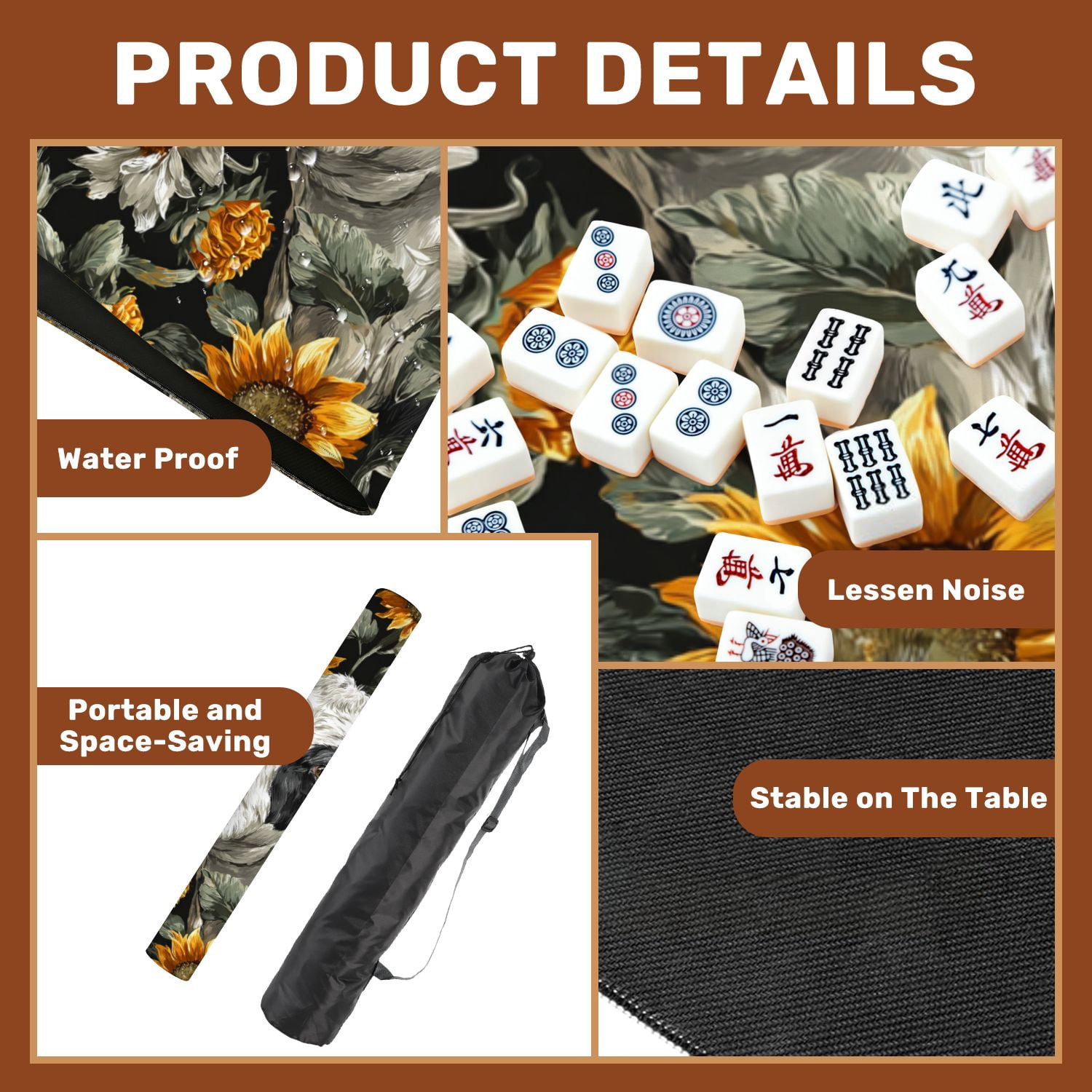 Mahjong Mat 31.5" x 31.5" Black White Cow Print Sunflowers seamless Non-Slip Noise Reduction American Mahjong Tiles Table Cover for Dominoes Poker Card Board Games Gift