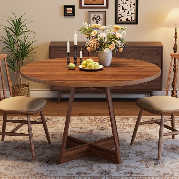 Finmind Round Dining Table for 4, 39.4" Farmhouse Kitchen Table with Wooden Reinforced Base, Walnut