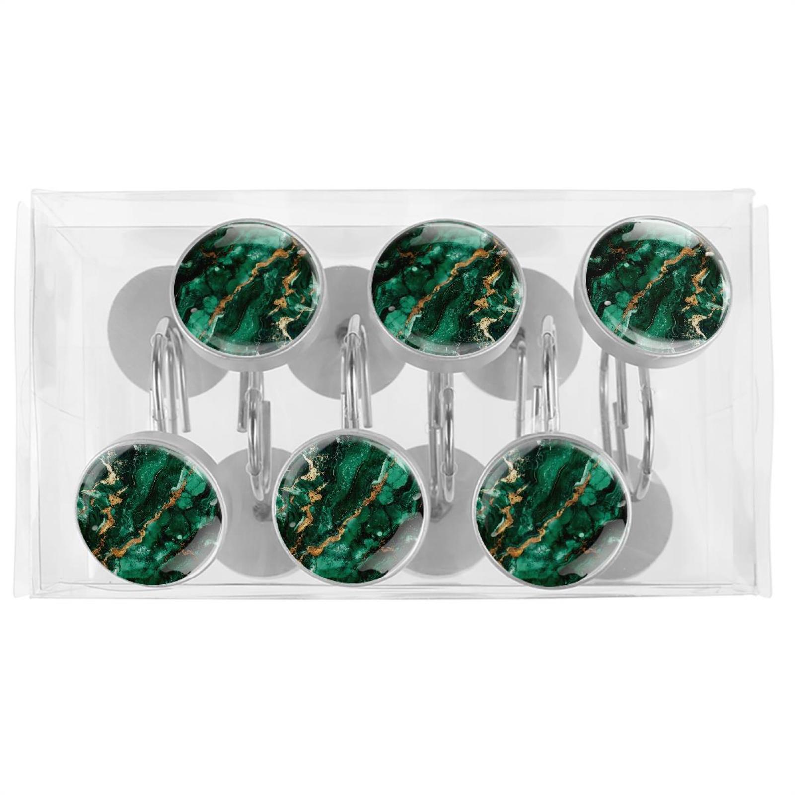 HemaKayy 12 Pcs Shower Curtain Hooks Bathroom Decorative Accessories Deep Emerald Marble
