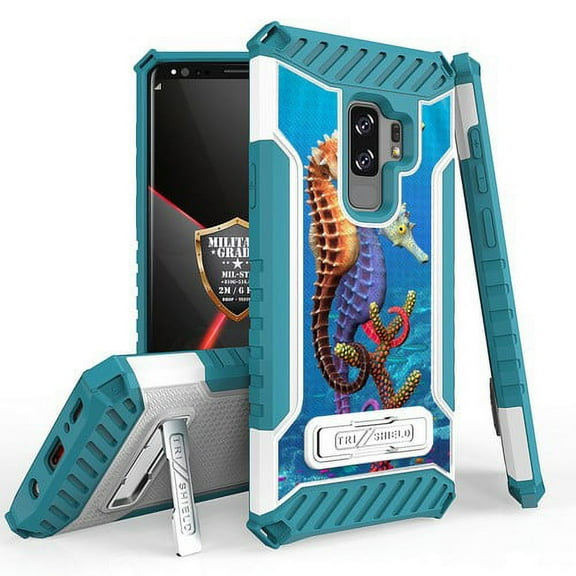 Galaxy S9 Plus / Galaxy S9  Case, Trishield Durable Shockproof High Impact Rugged Armor Phone Cover with Kickstand for Samsung S9  Only White/Printed Seahorses