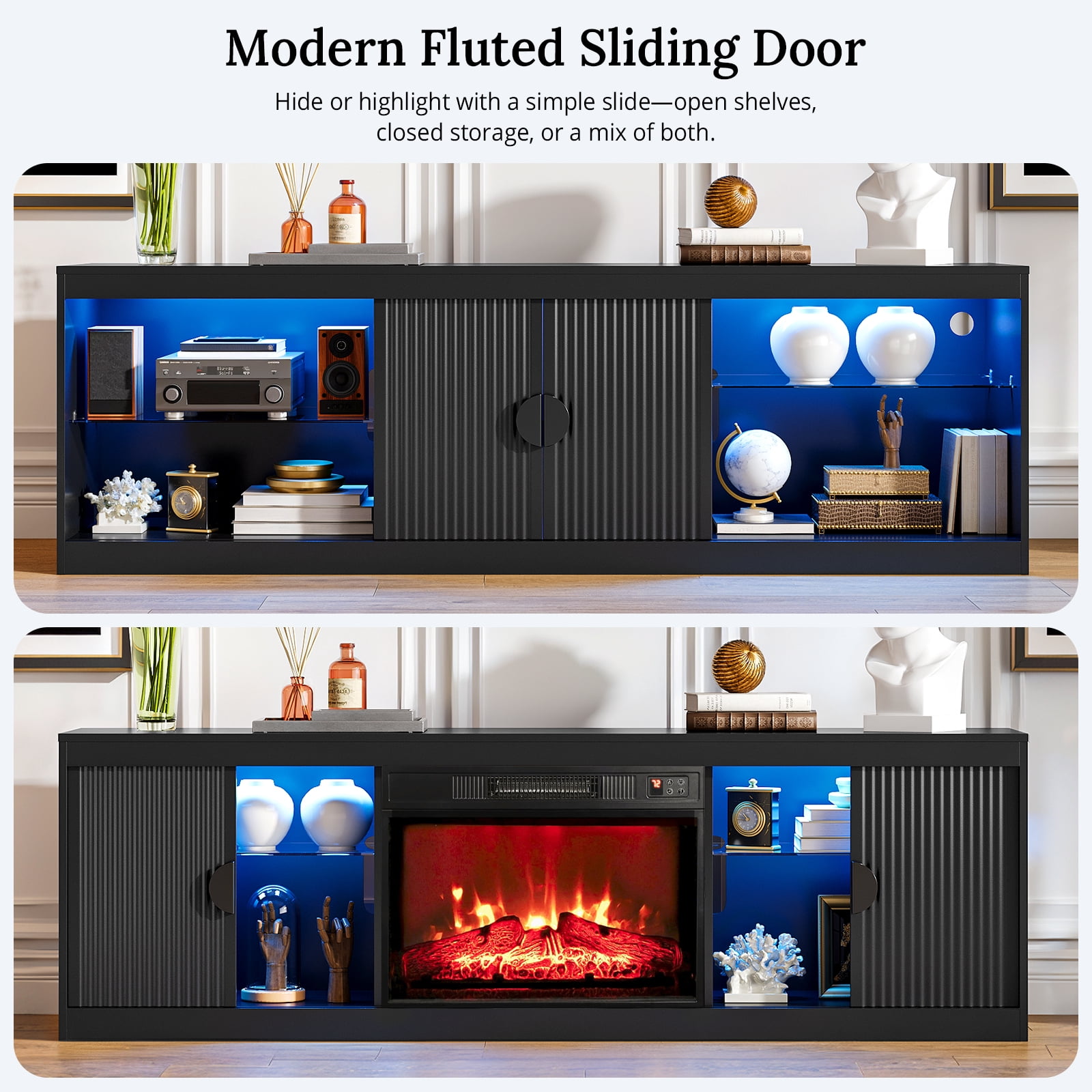 Holliwill 70" Fireplace TV Stand for TVs up to 80" with LED Lights, Fluted Modern Entertainment Center with 23" Electric Heater TV Console with Sliding Door for Living Room, Black