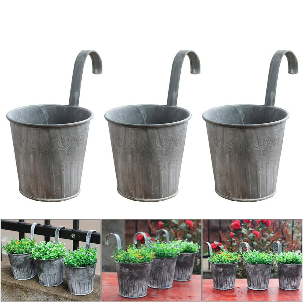 Galvanized Zinc Tin Metal Bucket Herb Flower Pots Planter Gray New 