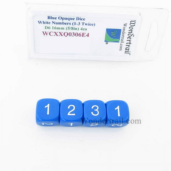 Blue Opaque Dice with White Numbers D3 (D6 1-3 Twice) 16mm (5/8in) Pack of 4 Wondertrail