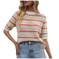thumbnail image 2 of Oksale Women's Crochet Striped Sweaters Casual Crewneck Sweater Trendy Short Sleeve Jumper Soft Cute Tops Casual Warm Knitwear Beige S, 2 of 8