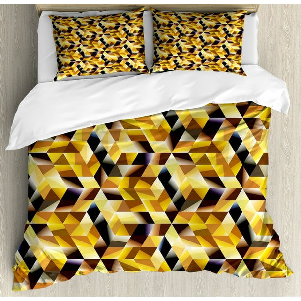 Gold King Size Duvet Cover Set Cubes And Blocks Form Abstract Art Geometric Digital Graphic Abstract Art Geometric Digital Graphic, Gold King Size Bedding