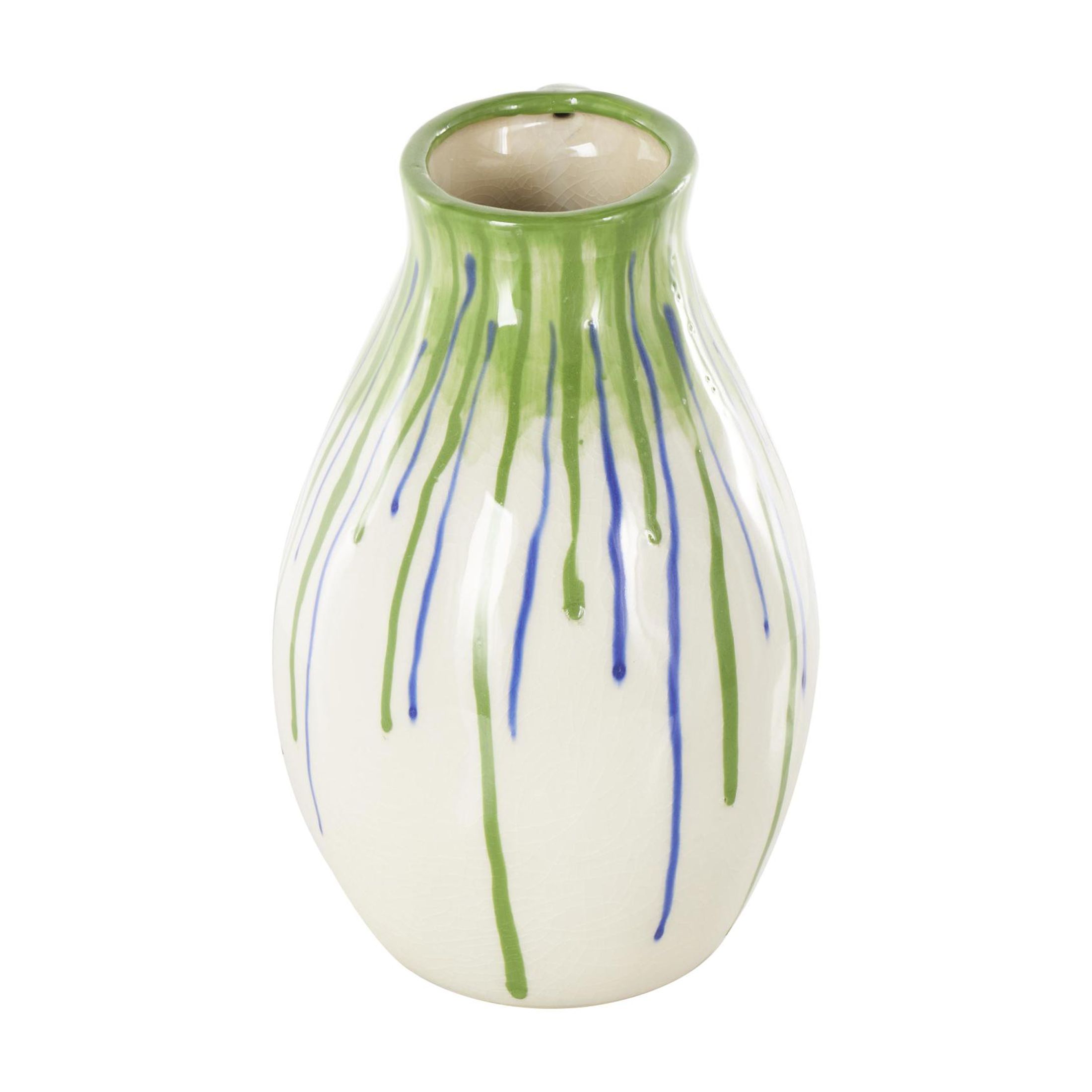 DecMode 11" Abstract White Ceramic Vase with Green and Blue Drip Design and Handle