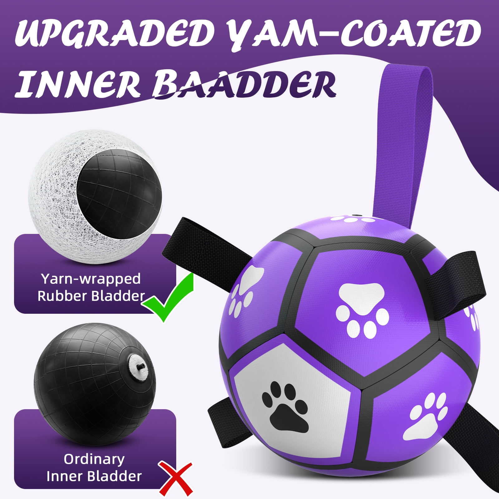 QDAN Durable Dog Toys Soccer Ball with Nylon Straps Hand Pump for Puppies Small Dogs, Purple & Gray, 5-inch