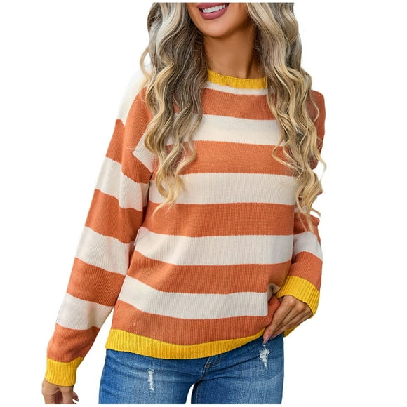 T-shirts pour Femmes, Chandail Ample, Col Rond, Manches Longues, Chandail Rayé, Bloc de Couleur, Orange, Taille M