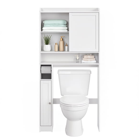 VASAGLE UBTS018W01 - Estante de Almacenamiento para baño con Puerta Deslizante, estantes Ajustables, Soporte para Papel higiénico, Ahorro de Espacio, Moderno, 25 x 83 x 169 cm, Blanco Nube