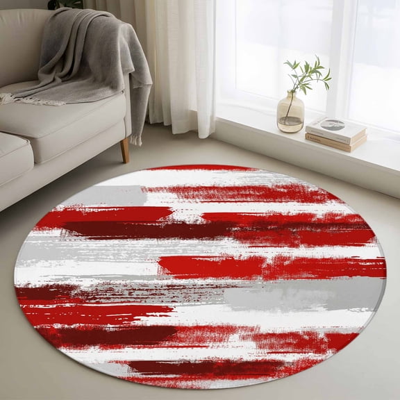 Round Rugs 4Ft, Red Abstract Round Area Rug Washable Indoor Throw Carpet, Grey Modern Mottled Art Oil Painting Soft Non Slip Circle Rug for Kitchen Nursery Room Home Decor Aesthetic
