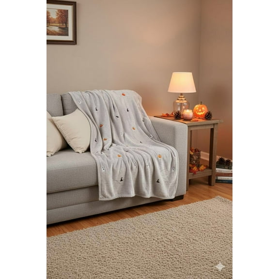 Halloween Embroidered Plush Throw Blanket 50x70 – Soft Cozy Stitched Ghost, Pumpkin, Bat & Spider Blanket – Large Fall Couch & Bed Throw, Seasonal Halloween Décor for Adults & Kids