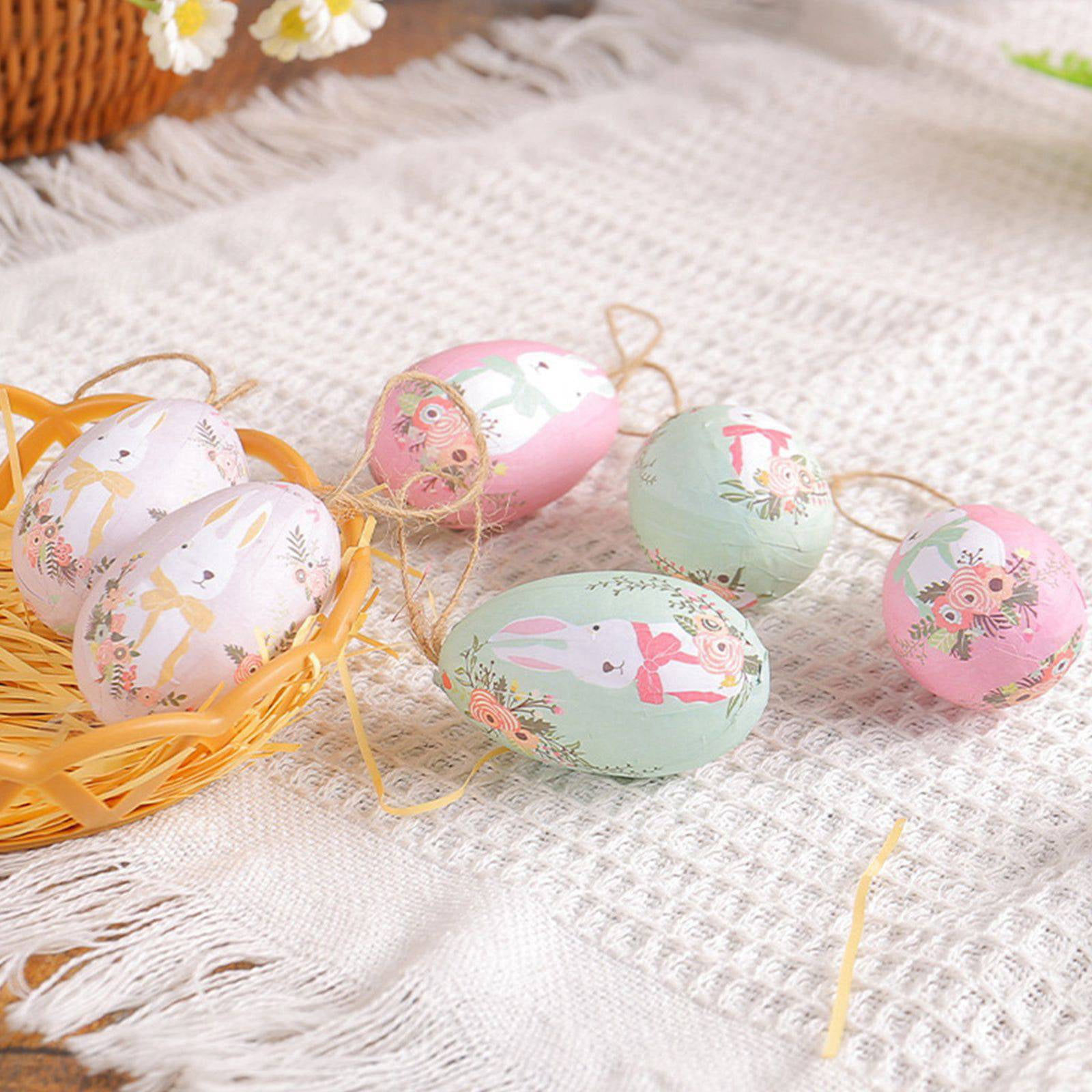 6pcs Hanging Plastic Easter Eggs with Basket Easter Tree Decorations Ornaments Hanging Easter Eggs, Hand Painted Eggs Easter Ornaments for Tree Basket DIY Crafts Easter Party Favors