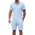 thumbnail image 3 of Zenithor Men's 2 Piece Rib Collar Shirts and Cargo Shorts Set Textured Short Sleeve Top Match Set Summer Beach Outfits S-3XL, 3 of 6