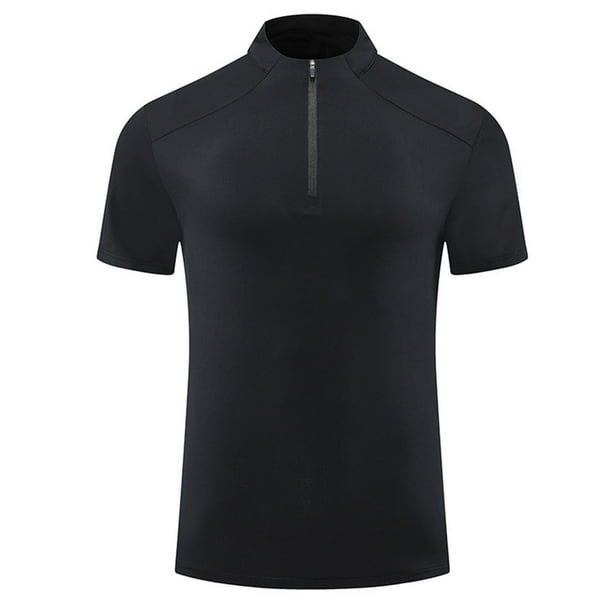 pstuiky Camisas de verano para hombre, de color sólido, transpirables, de malla elástica, ajustadas, cómodas, deportivas, informales, con cremallera, de manga corta y cuello redondo