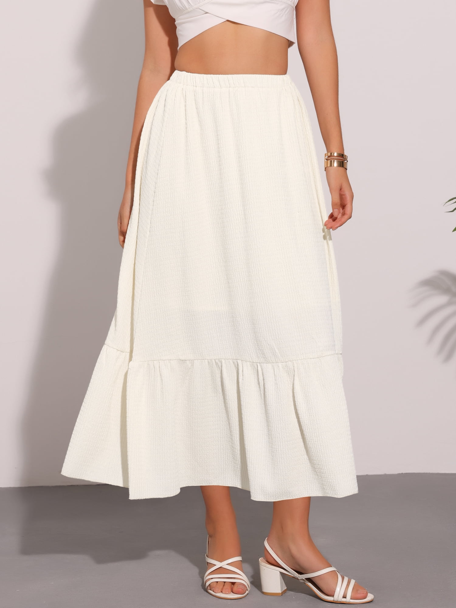 DARING DIVA Women's Elastic High Waist Flowy Tiered A-Line Summer Maxi Skirt XL Beige