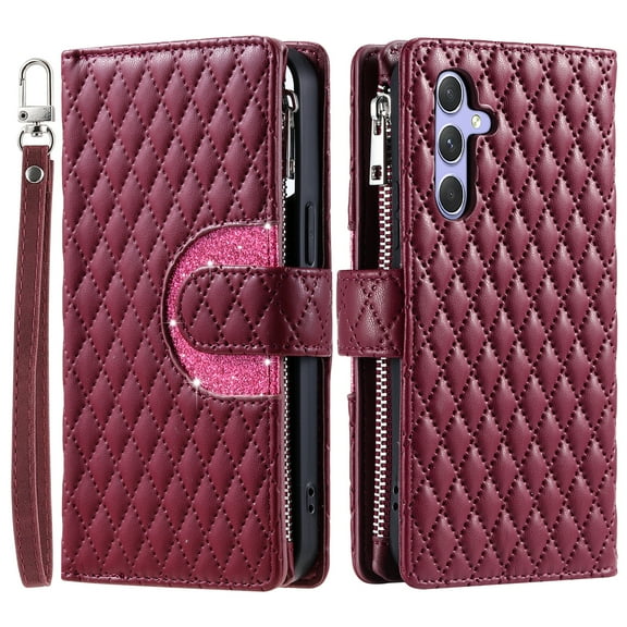 Dteck for Samsung Galaxy A16 5G Case Wallet with Card Holder Women Men Phone Case Glitter PU Leather Flip Protective Cover Wrist Strap Zipper Credit Card Slots,Winered