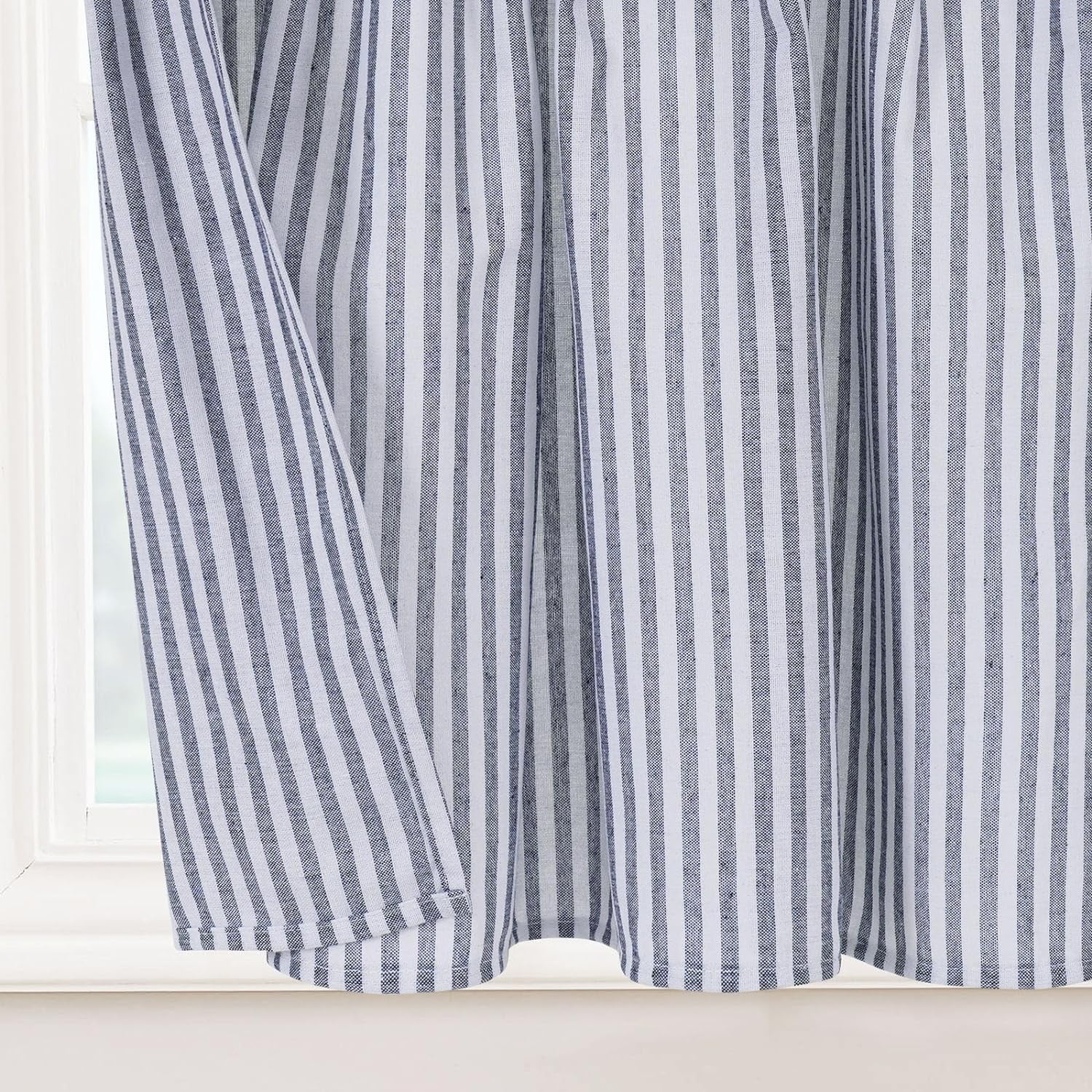 Alishomtll Stripe Kitchen Curtains 8 Button Linen Cotton Window Curtains Sets 24 Inches Long ,Rod Pocket ,Blue