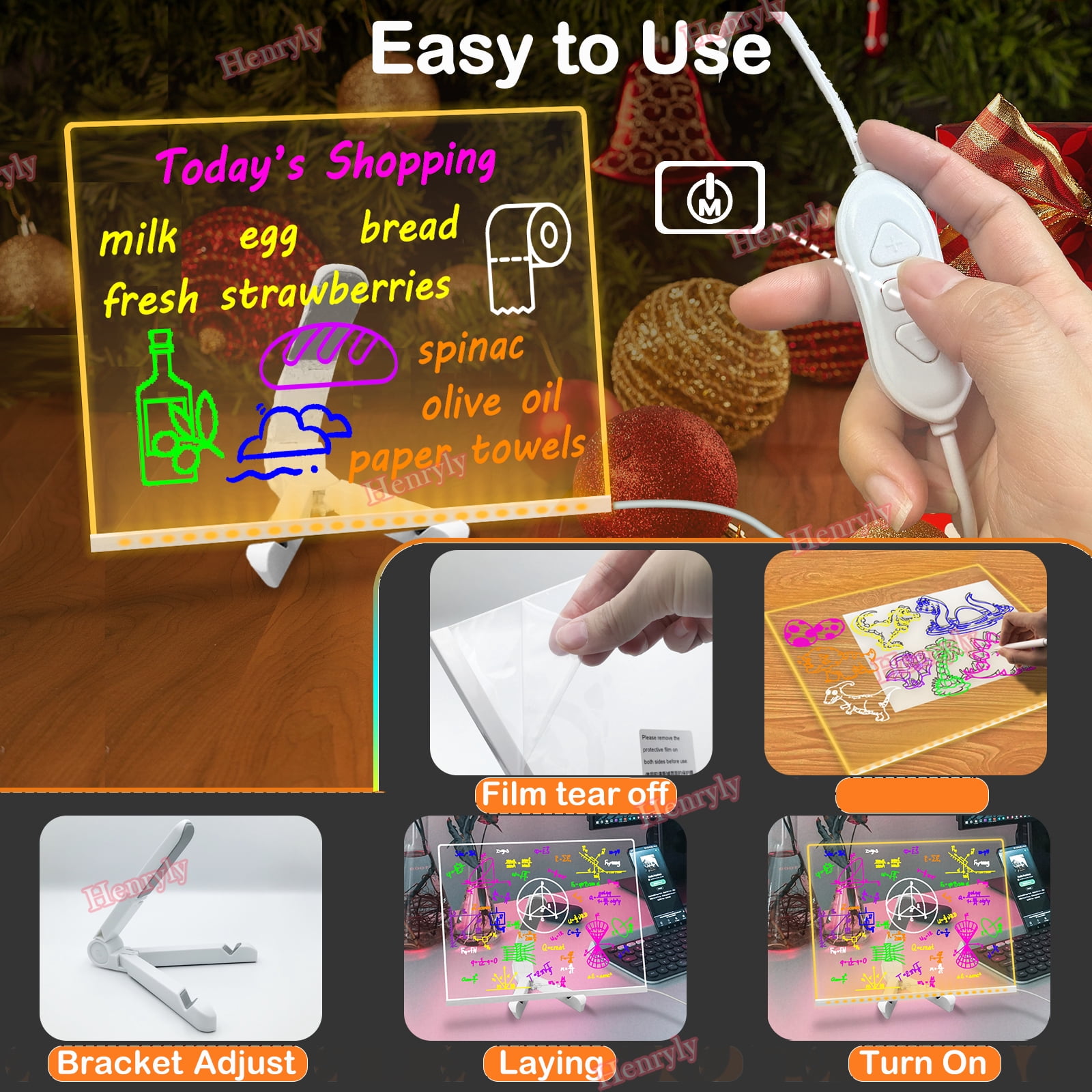 11.8*7.9 Inch Acrylic Dry Erase Board with Light- Dimmable LED Note Board with 7 Colors Pen - Glowing Acrylic Message Note Board, Light up Dry Erase Board with Stand as a Glow Memo Board