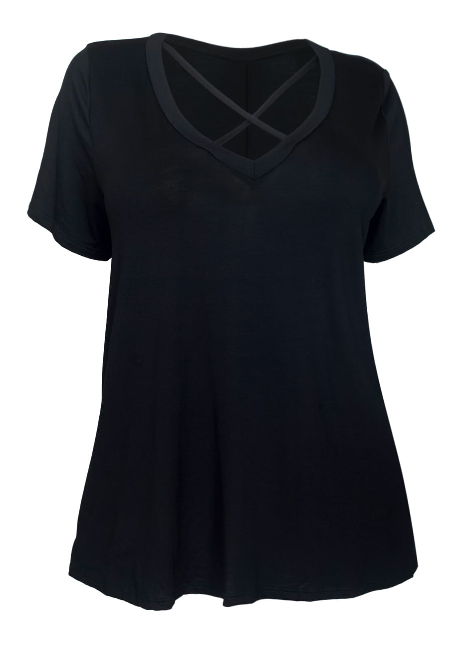 eVogues Apparel - eVogues Women's Cross Keyhole Short Sleeve Top Black ...