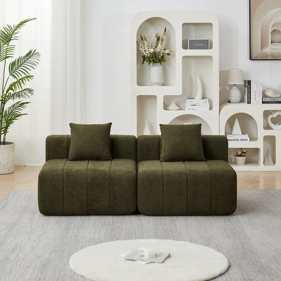 2-Seater Modular Loveseat with 2 Pillows, 2-Piece Cloud Couch with Plush Cushions, Compact Fabric Sofa for Small Spaces (Green)