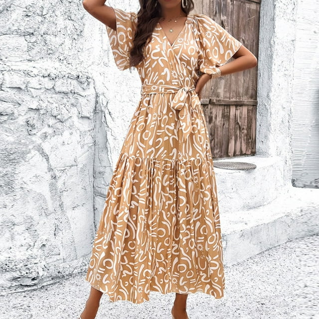 Pisexur Robe à Manches Courtes Col en V à la Cheville Mode Féminine Imprimé Automne Col en V Manches Courtes Robes en Frenume Robes pour Femmes