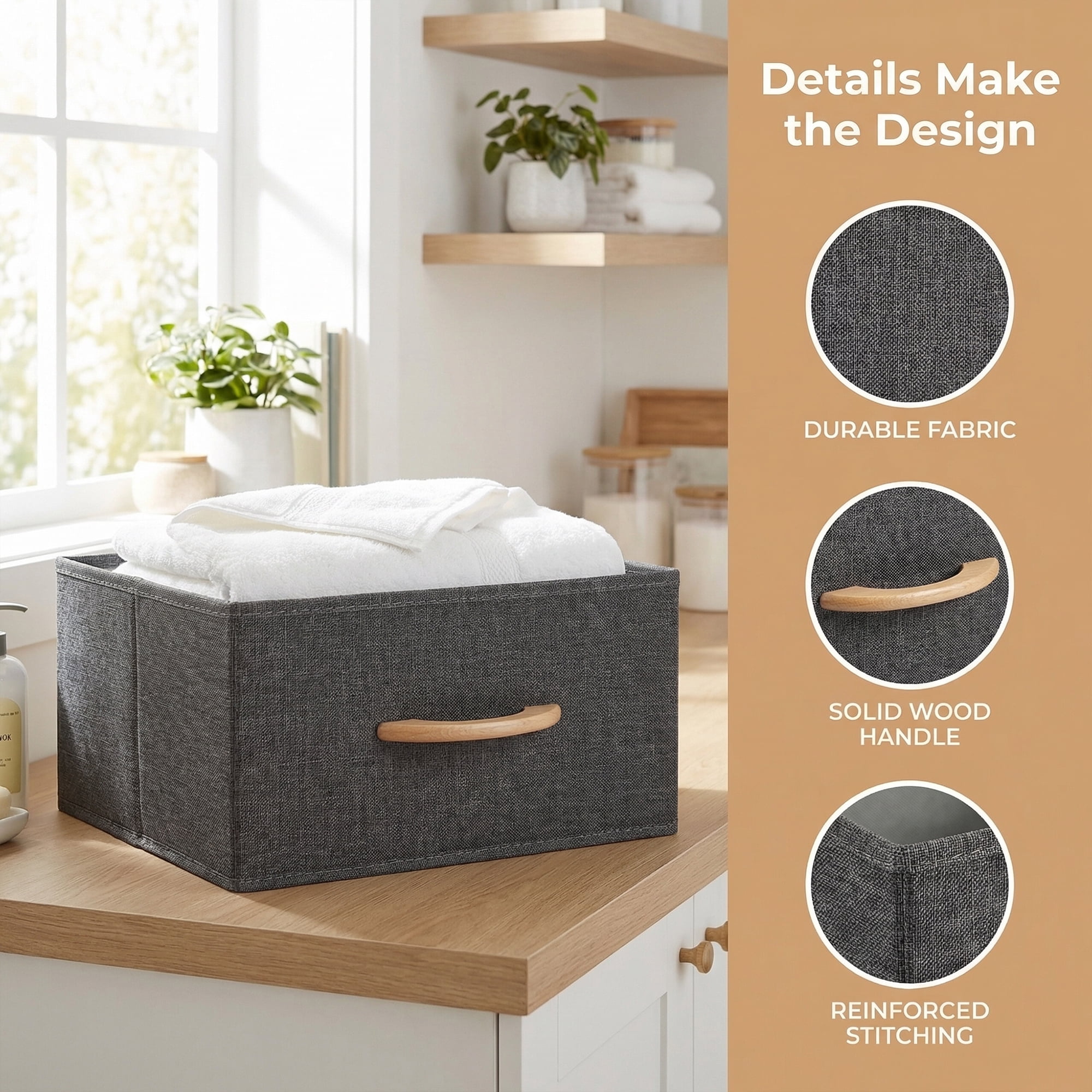 Unique Bargains 3pcs Storage Cube Fabric Storage Bin with Handles Grey 15.4*11.8*7.5in