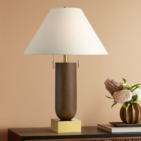 Possini Euro Design Madera 27 3/4" Tall Oval Modern Table Lamp USB Port AC Power Outlet Brown Brass Finish Wood Charging