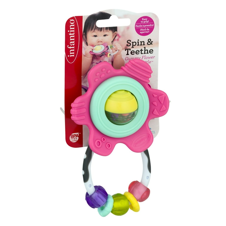 Infantino Spin Teethe Gummy Pink Flower Rattle Easy to Grab