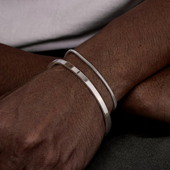 Mens Stainless Steel Bracelets Set, Stacked Open Cuff Bangles, Black Snake Link Chain Wristband Jewelry Gift