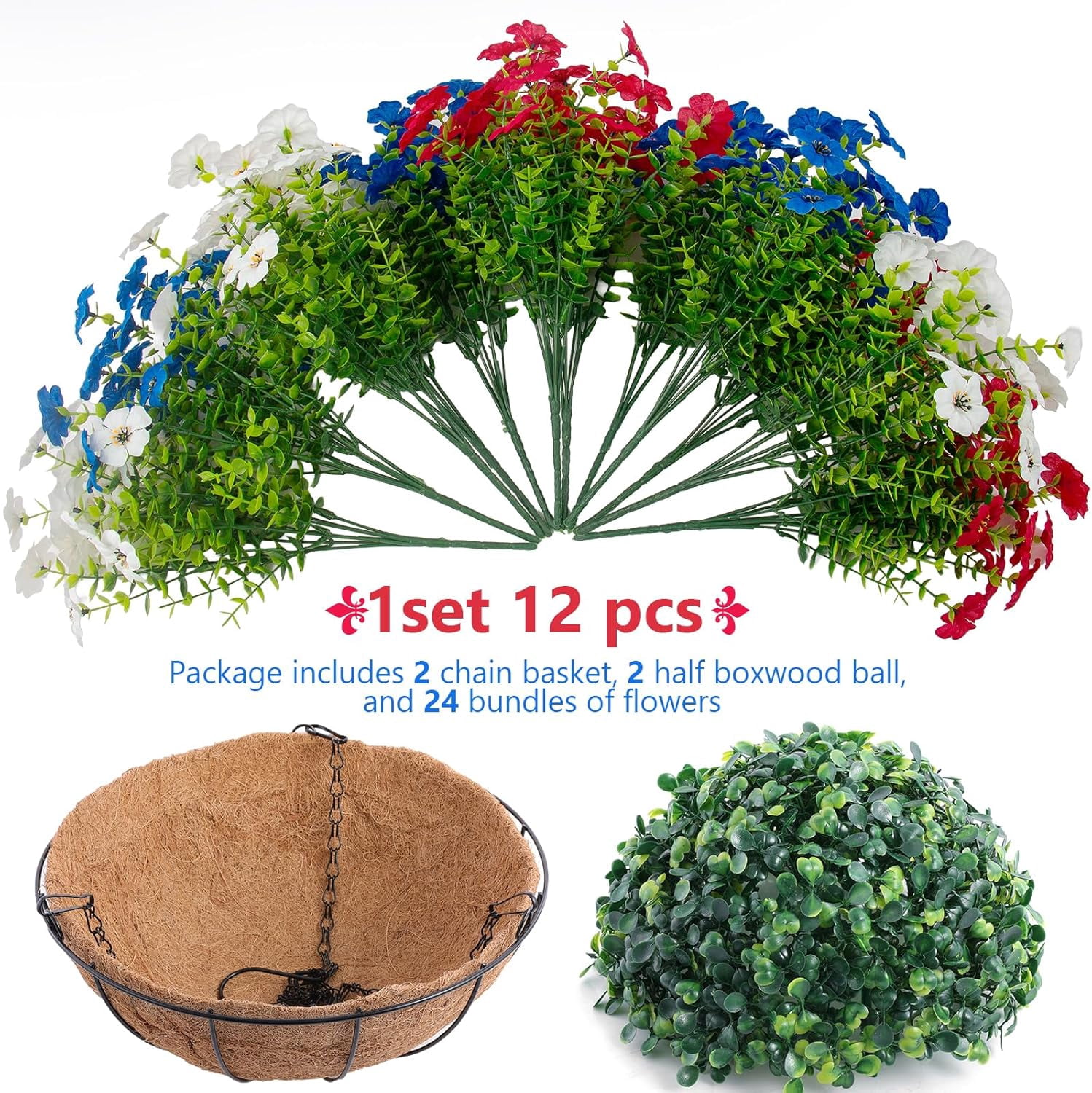 2 Sets Patriotic Artificial Hanging Flowers with Baskets, Red White Blue 4th of July Artificial Flowers, Outdoor Hanging Planter Decor for Front Porch, Patio, Garden Summer Holiday Decoration
