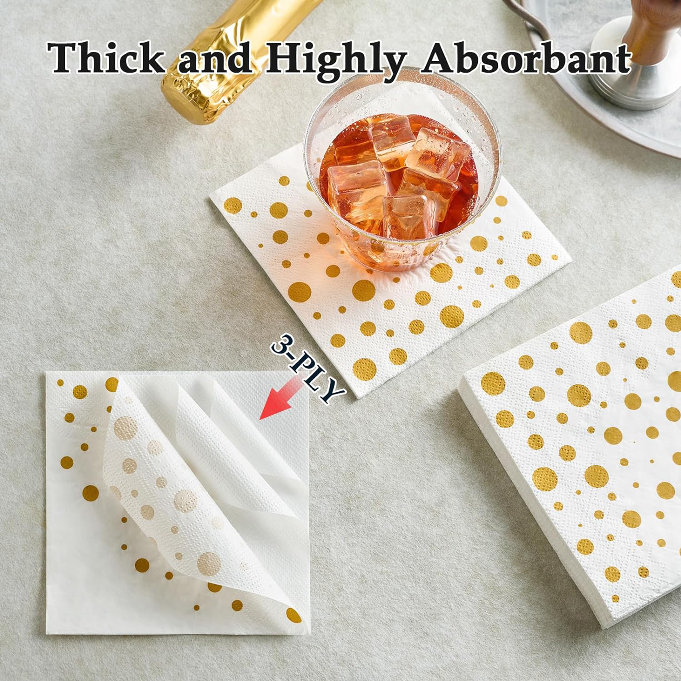 Jolly Chef Cocktail Napkins, 150 Pack, Gold Square, 3-Ply photo 2
