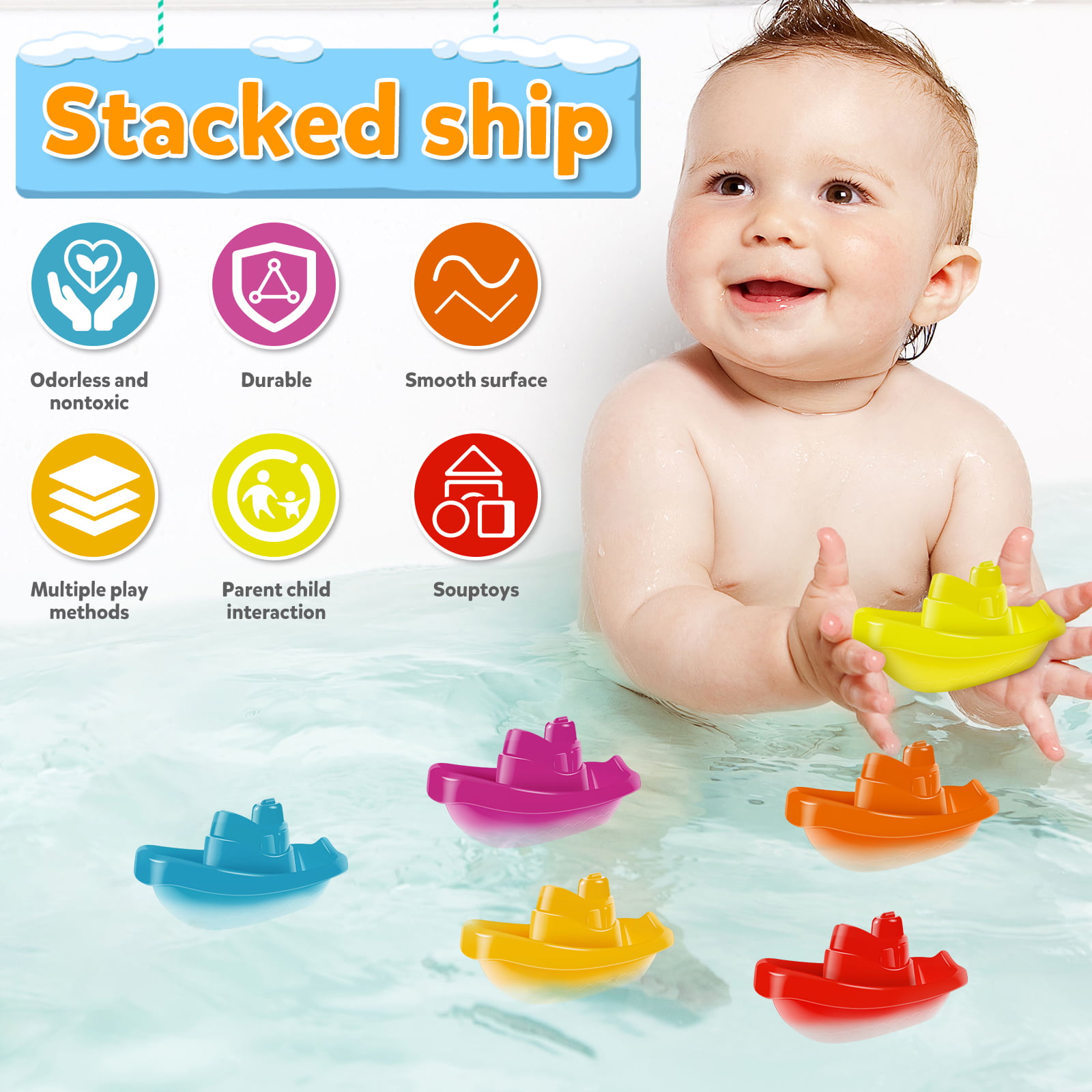 Bath Toys for Toddlers 1-3 Years Bathtub Water Toy Baby Stacking Cup  Folding Boat Tower Bathing Shower Beach Toy Play Water Kit