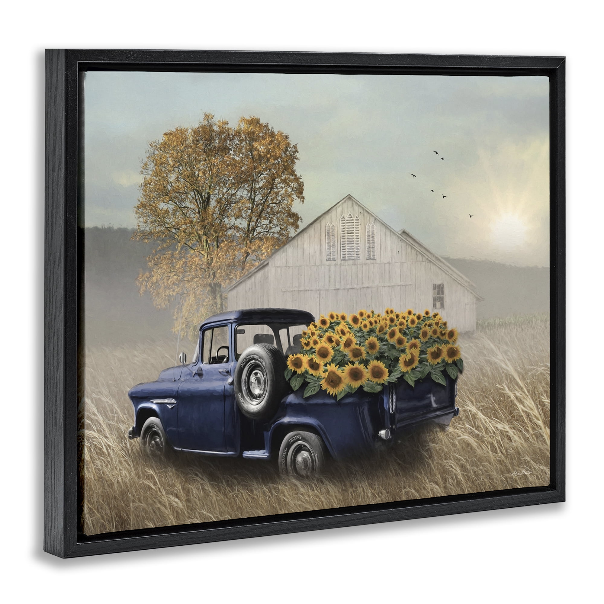 Stupell Industries Sunflower Filled Truck Transportation Painting Black Floater Framed Canvas Art Print Wall Art, 31 x 25