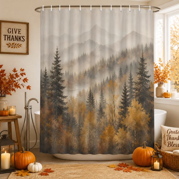 Fall Landscape Shower Curtain Set with Hooks, Misty Mountains Orange Maple Trees Forest Fog Sturdy Water Repellent Shower Curtains for Bathroom Bathtub, Machine Washable 72x96 Inch