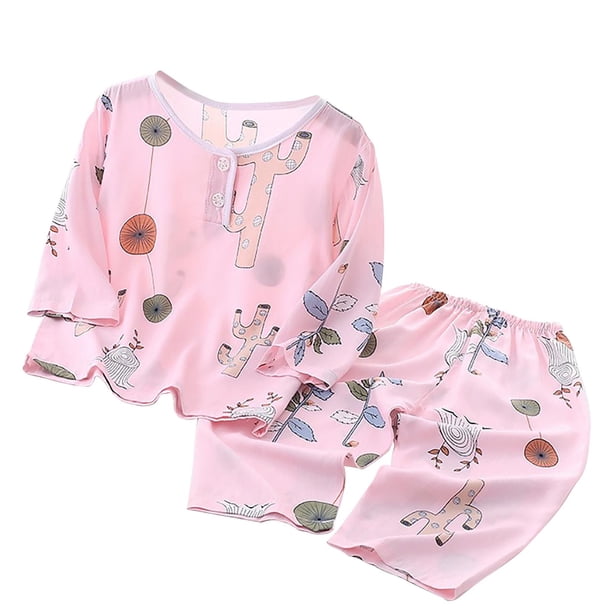 Odeerbi 1-12 Años Niñas Pijamas de Algodón de Verano Camisetas de Manga Larga Pantalones Suaves Estampados Ropa de Dormir Conjunto de Dos Piezas