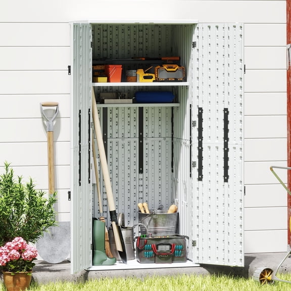 EHHLY Freestanding Garage Storage Cabinet, 28 Cu Ft Resin Utility Cabinet with 4 Adjustable Shelves, Lockable Waterproof Organizer for Garage, Patio, Backyard, White