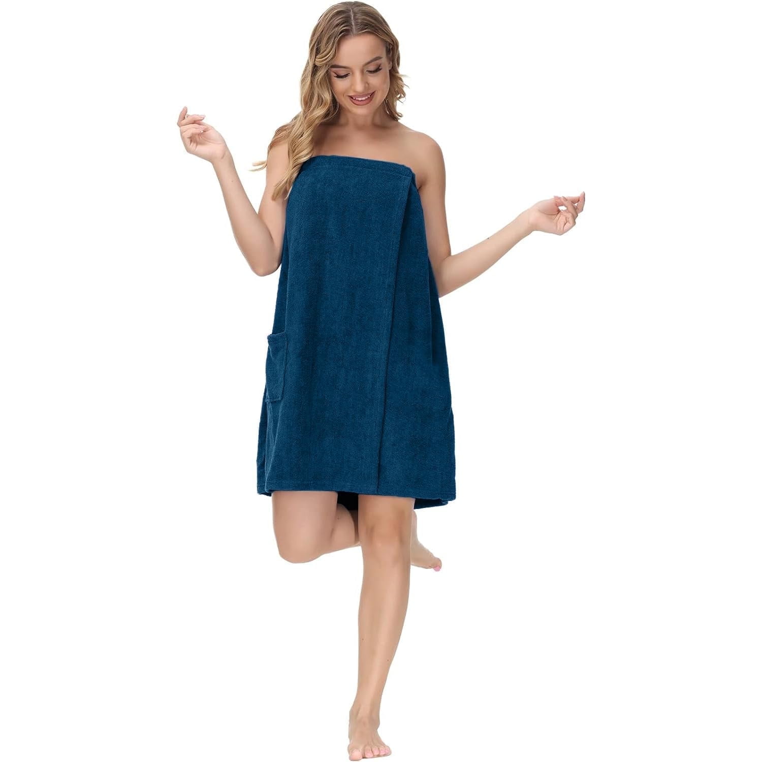 Dan River Shower Wrap With Pocket Pack of 1 Lightweight Terry Cotton Bath Towel Wrap - Blue Opal, 32X60in
